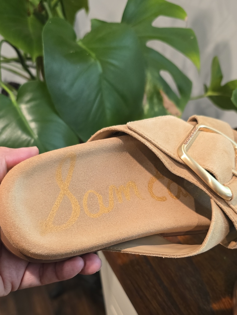 Sam Edelman Tan Suede Buckle Crossband Slides - Picture 9 of 10